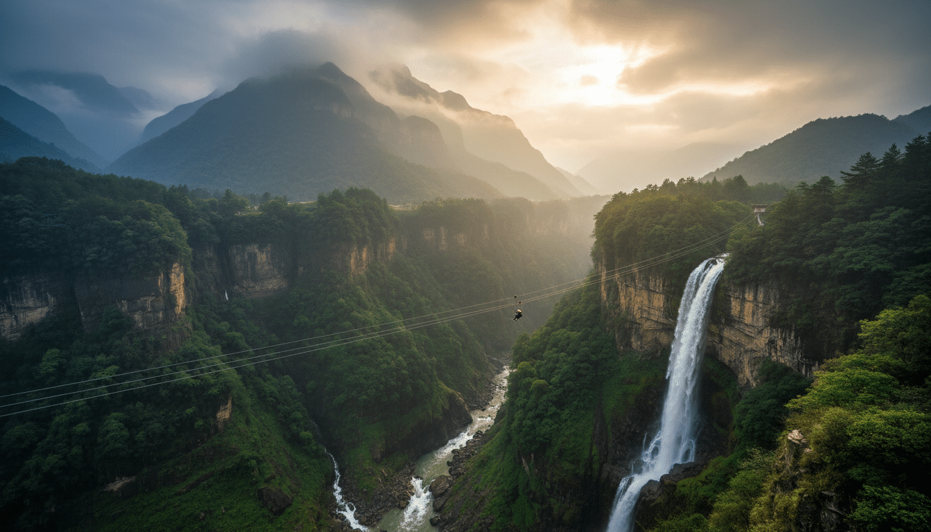 Paysage montagneux du Sichuan avec cascade et tyrolienne