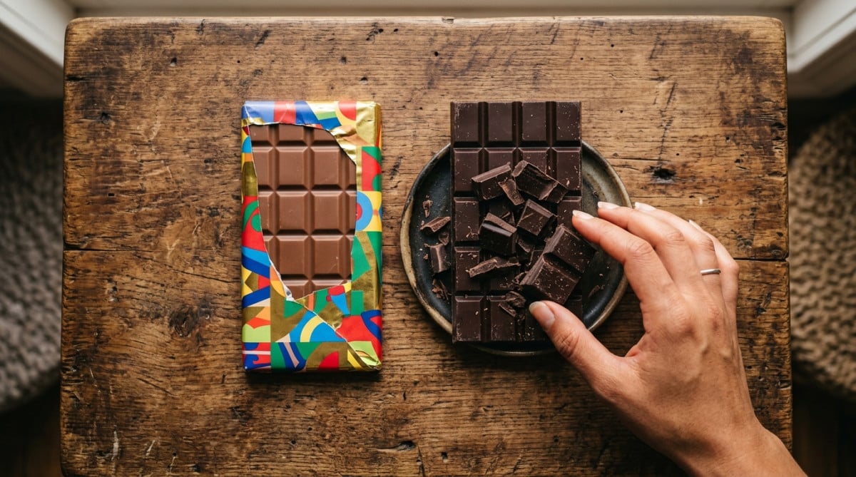 Chocolat au lait et chocolat noir côte à côte sur une table