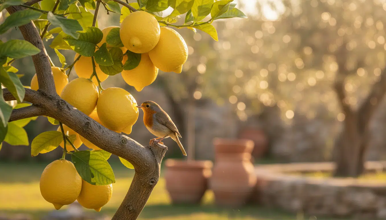 Oiseau picorant un citron mûr sur un citronnier