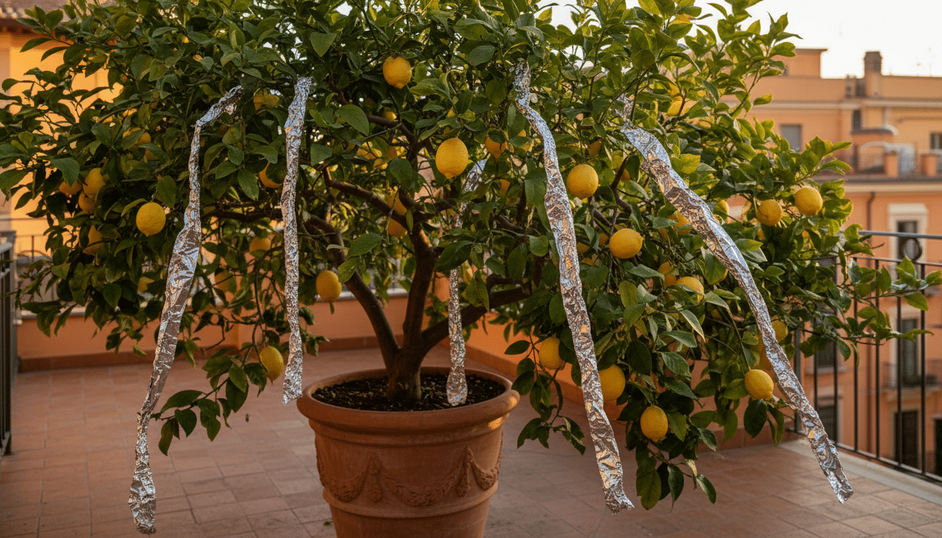 Citronnier en pot avec lanières d'aluminium protégeant les fruits