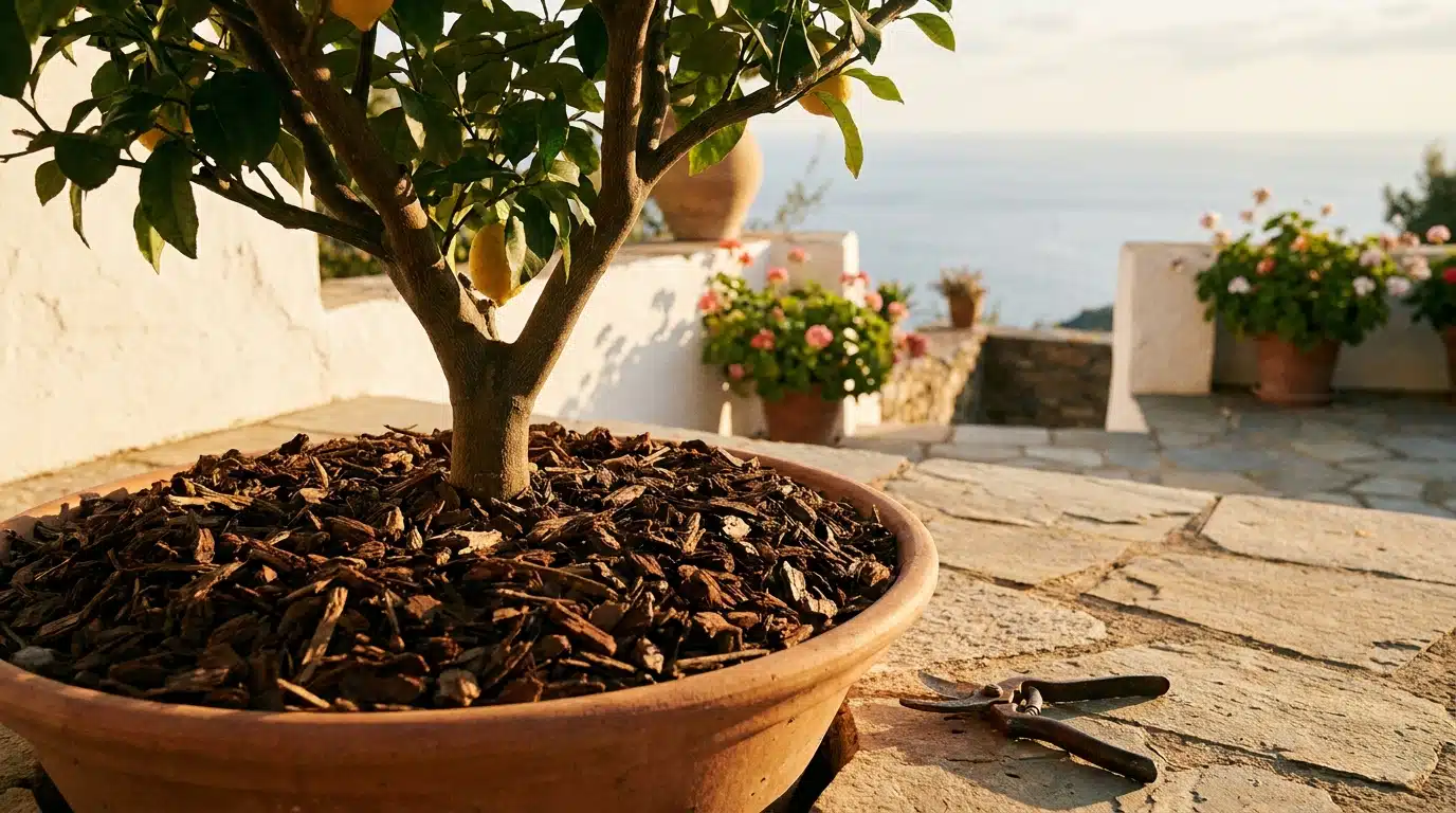 Citronnier en pot paillé sur une terrasse ensoleillée