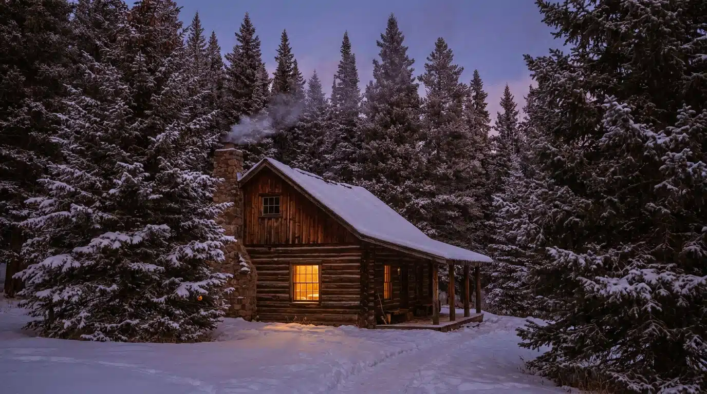 Chalet enneigé du Colorado au crépuscule hivernal