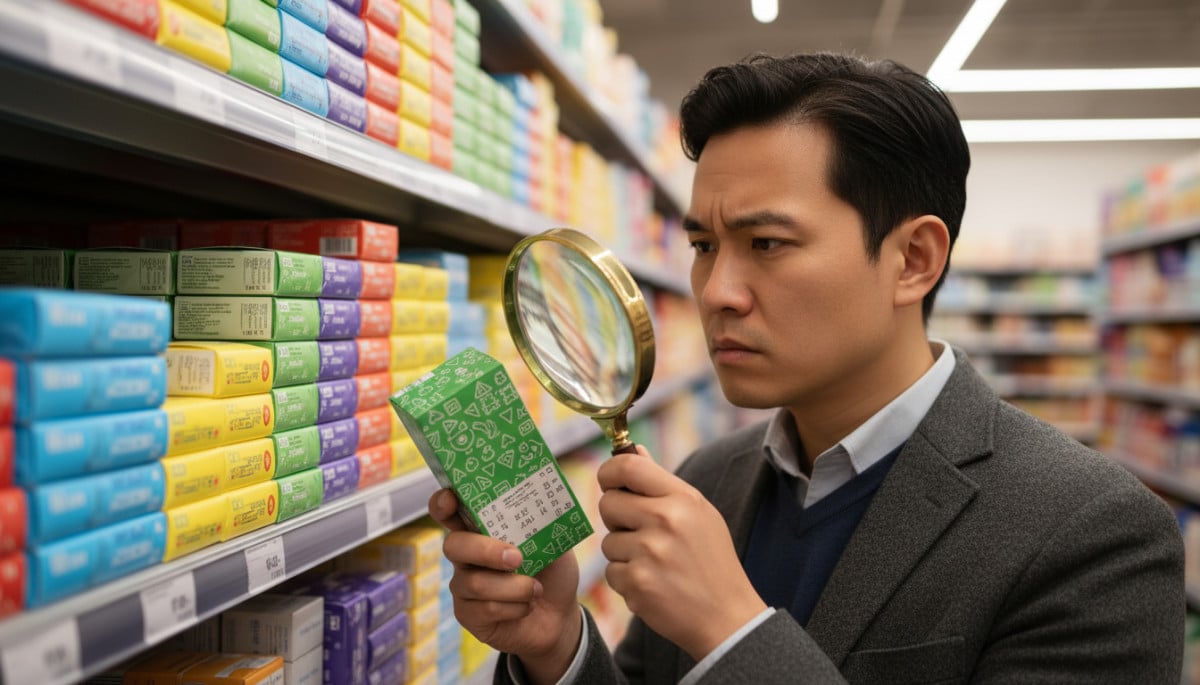 Client vérifiant l'étiquette d'un savon en supermarché