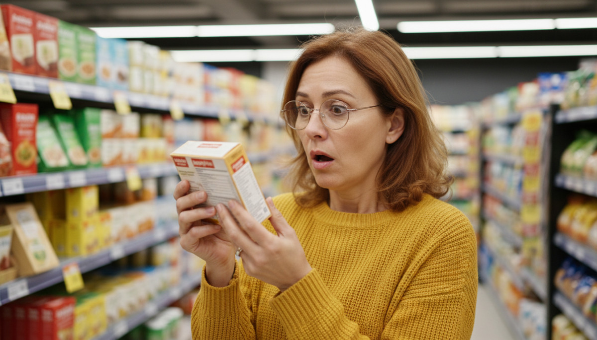 Cliente lisant les ingrédients d'un bouillon cube en supermarché