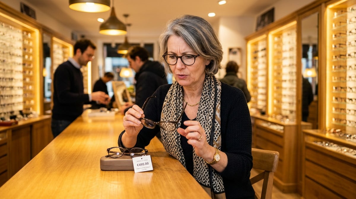 Cliente perplexe devant des lunettes chez un opticien