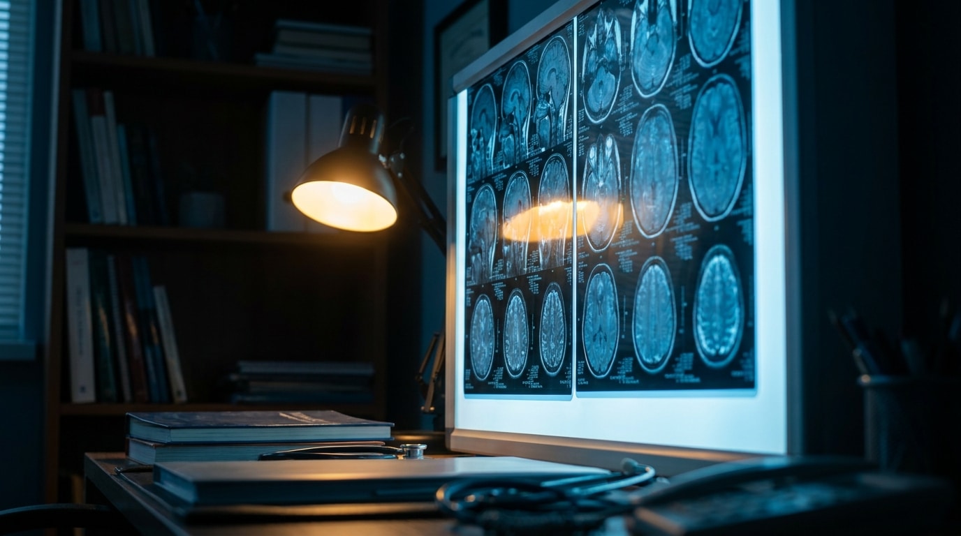 Scan cérébral IRM affiché sur un négatoscope médical