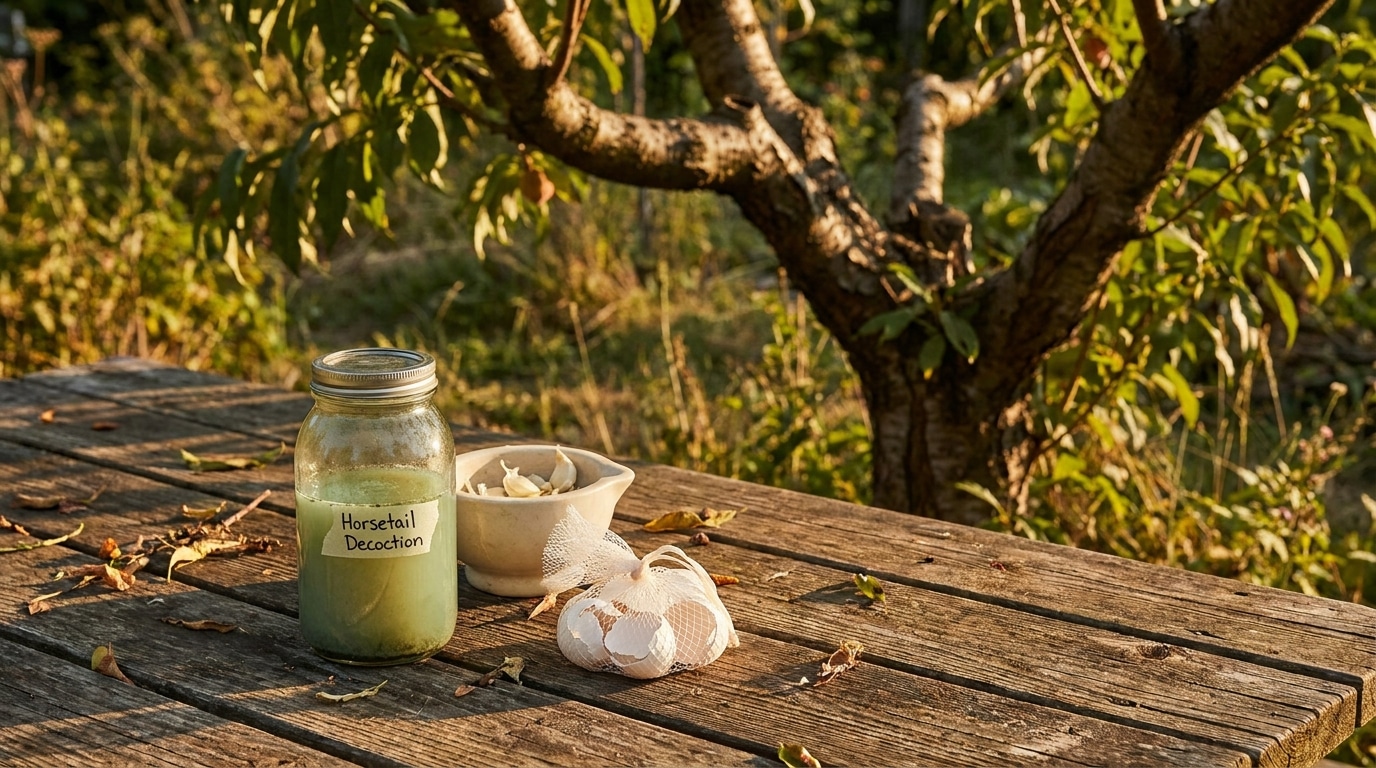 Décoction de prêle, ail et coquilles d'œufs sur table de jardin