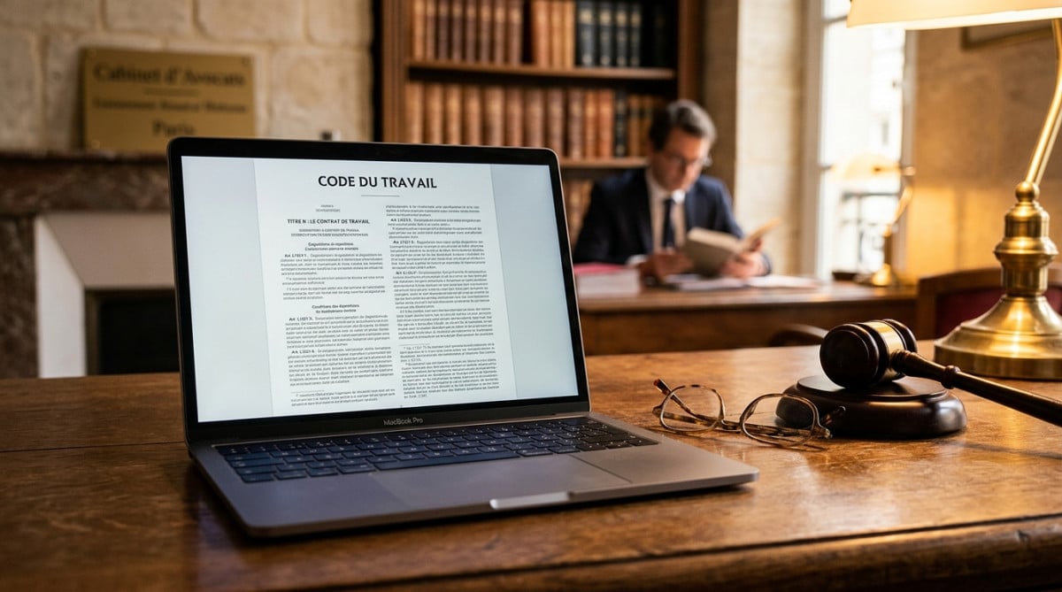 Code du travail et marteau de justice sur un bureau