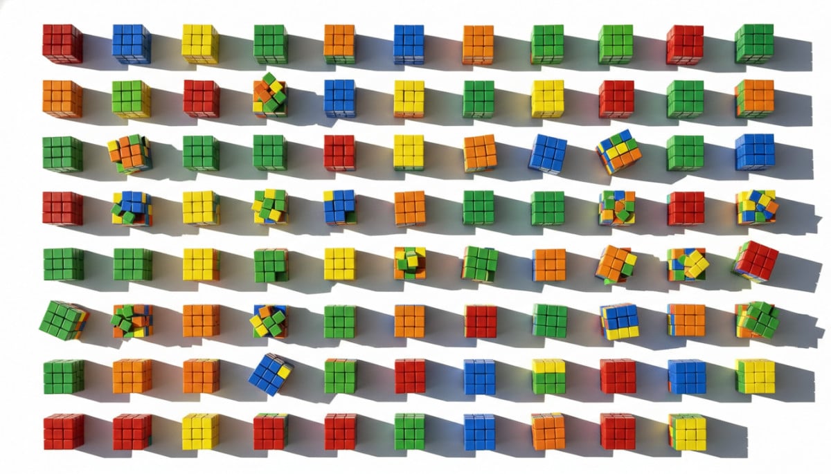 Collection de Rubik's Cubes mélangés et résolus vue de dessus