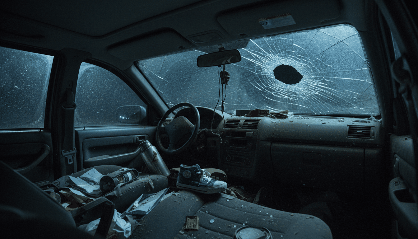 Intérieur d'une voiture accidentée retournée de nuit