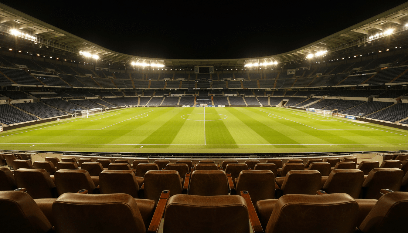 Loge vide du Santiago Bernabéu avec vue sur le terrain éclairé la nuit