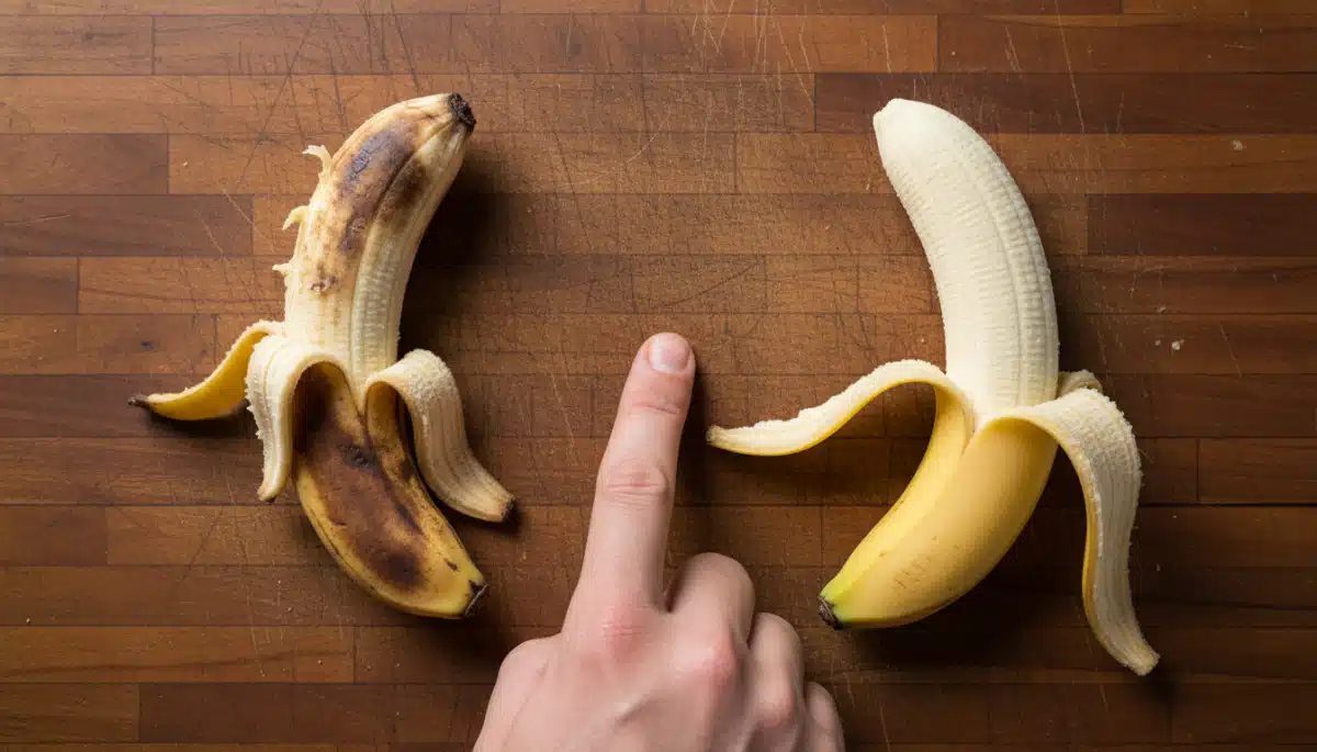 Comparaison banane écrasée par la tige et banane intacte par le bas