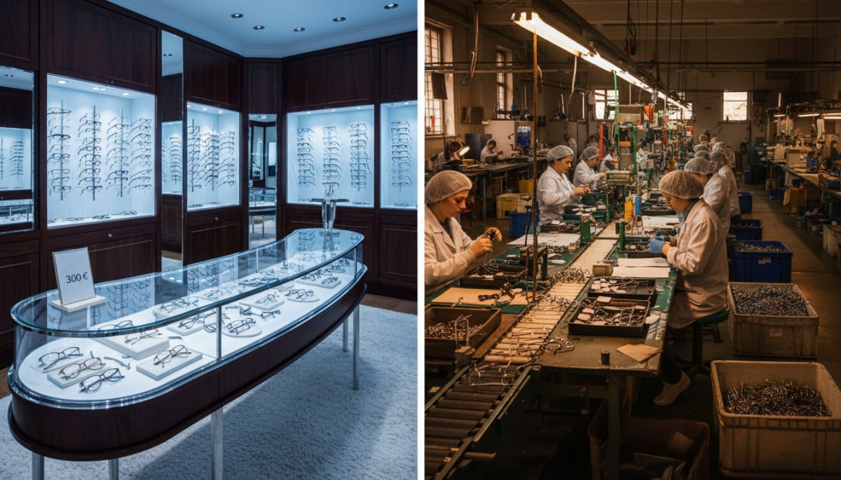 Comparaison boutique de luxe et usine de fabrication de lunettes