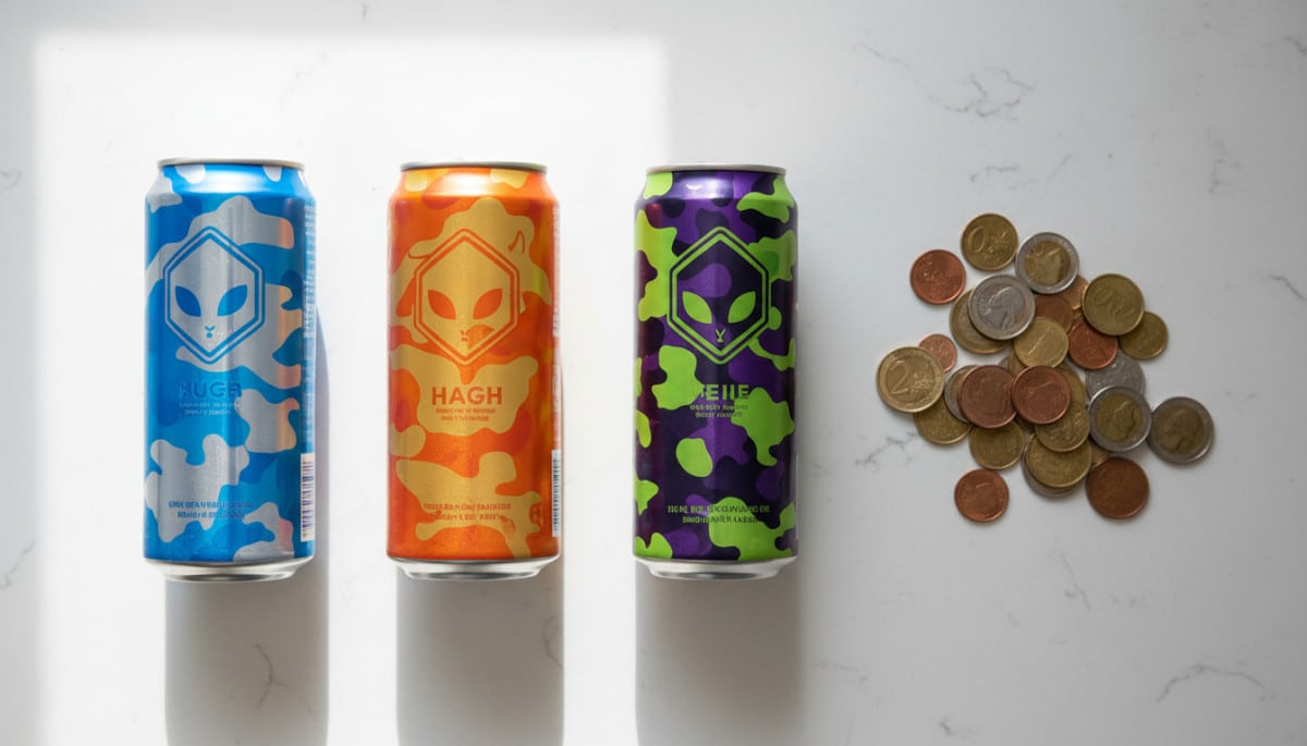 Comparaison de canettes de boissons énergisantes et pièces de monnaie
