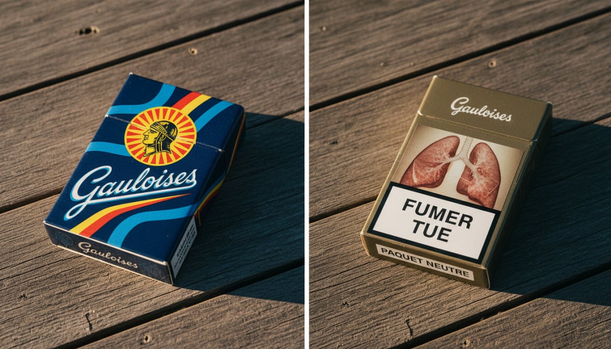 Comparaison paquet de cigarettes années 1970 et paquet neutre 2020