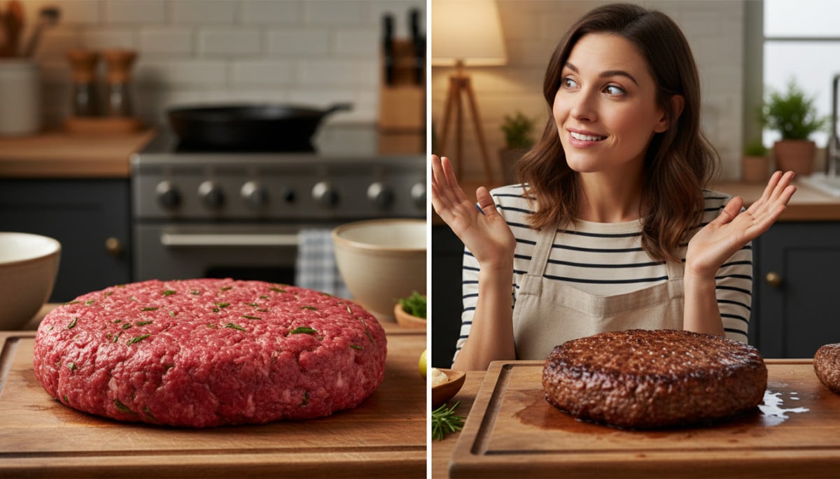 Comparaison steak burger cru et cuit côte à côte