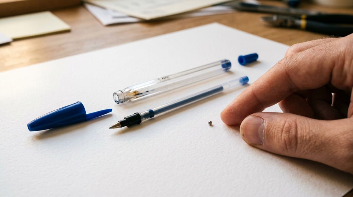 Composants d'un stylo Bic Cristal démonté sur une surface blanche