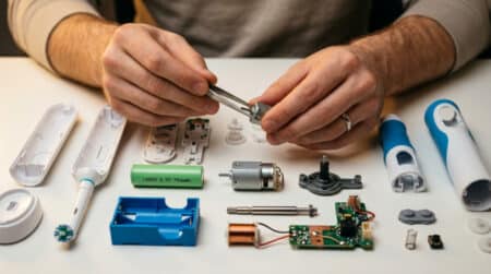 Composants d'une brosse à dents électrique démontée