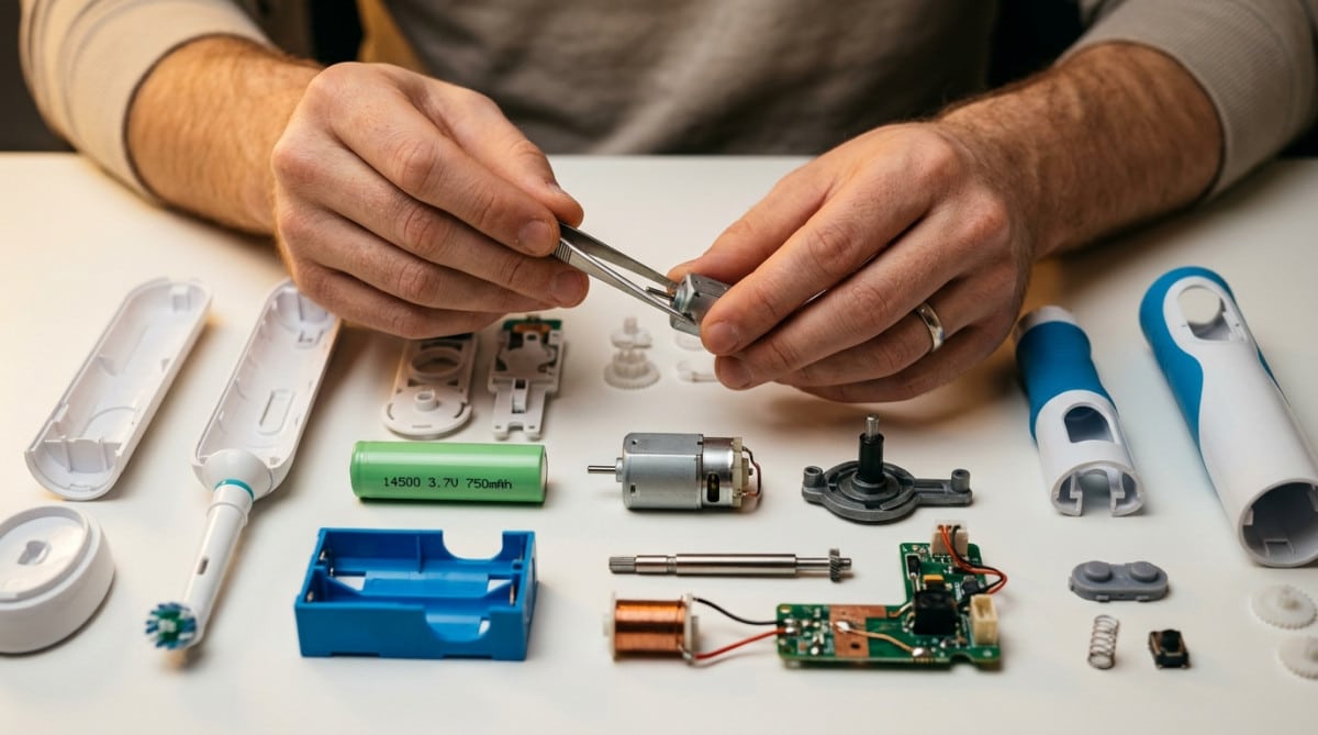 Composants d'une brosse à dents électrique démontée
