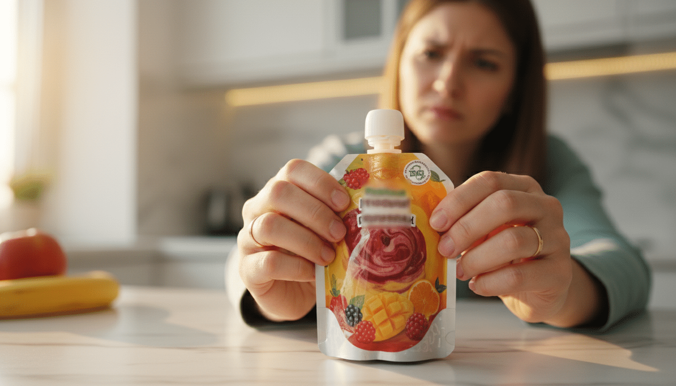 Parent vérifiant l'étiquette d'une gourde de compote
