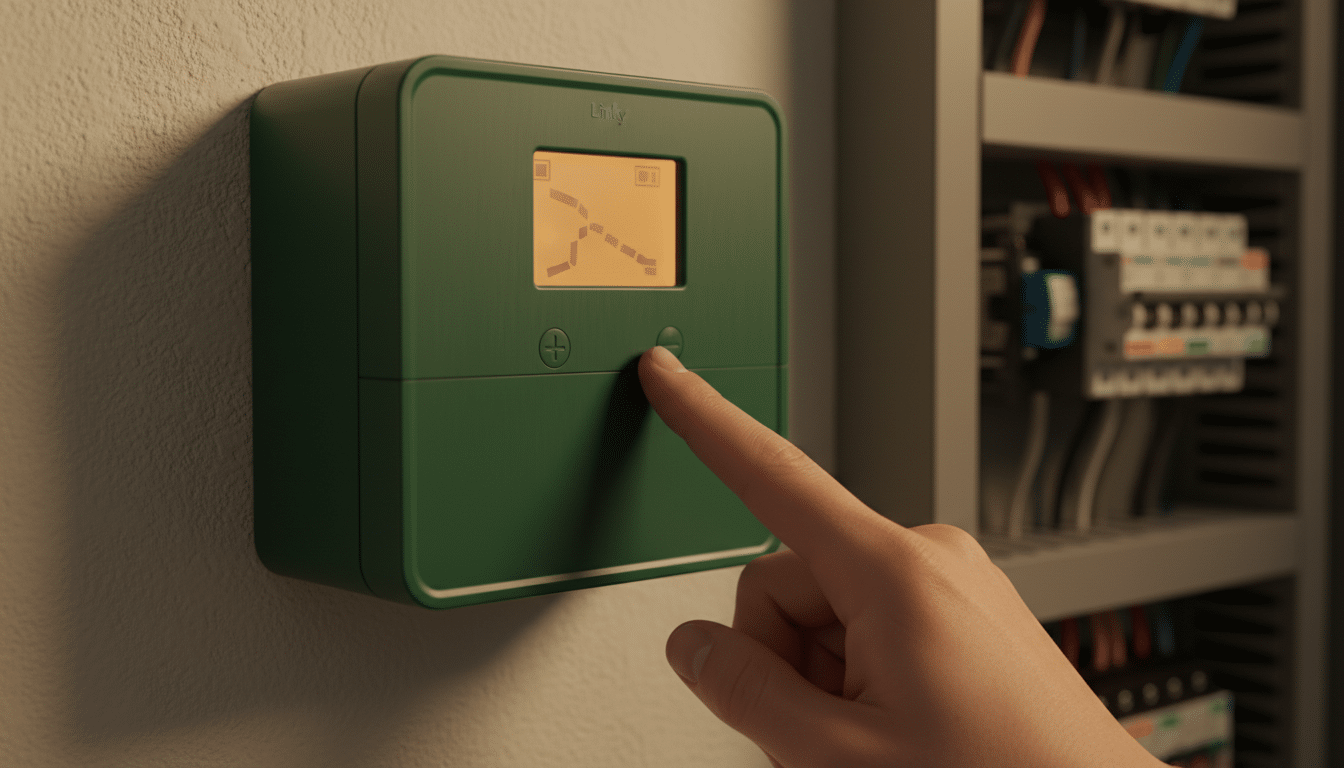Main appuyant sur le bouton du compteur Linky pour vérifier le contact sec