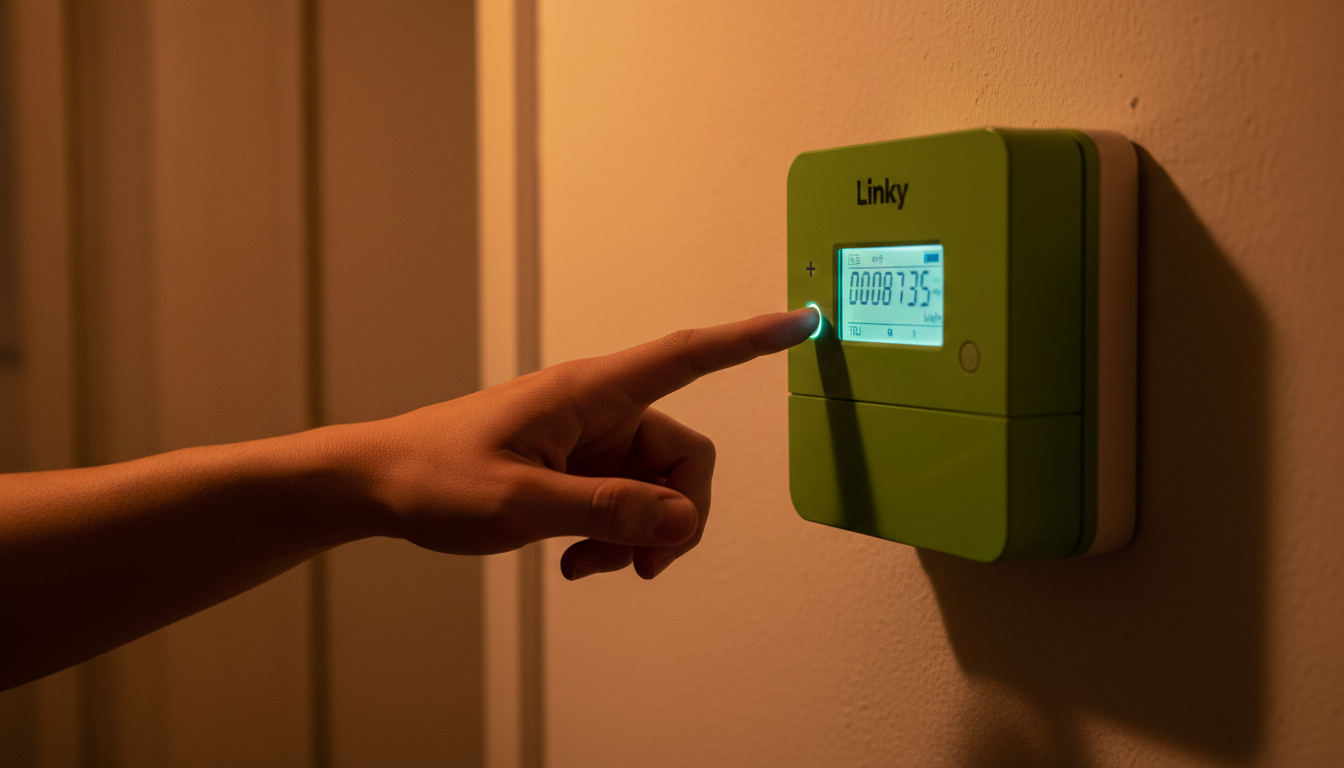 Main appuyant sur le bouton plus du compteur Linky