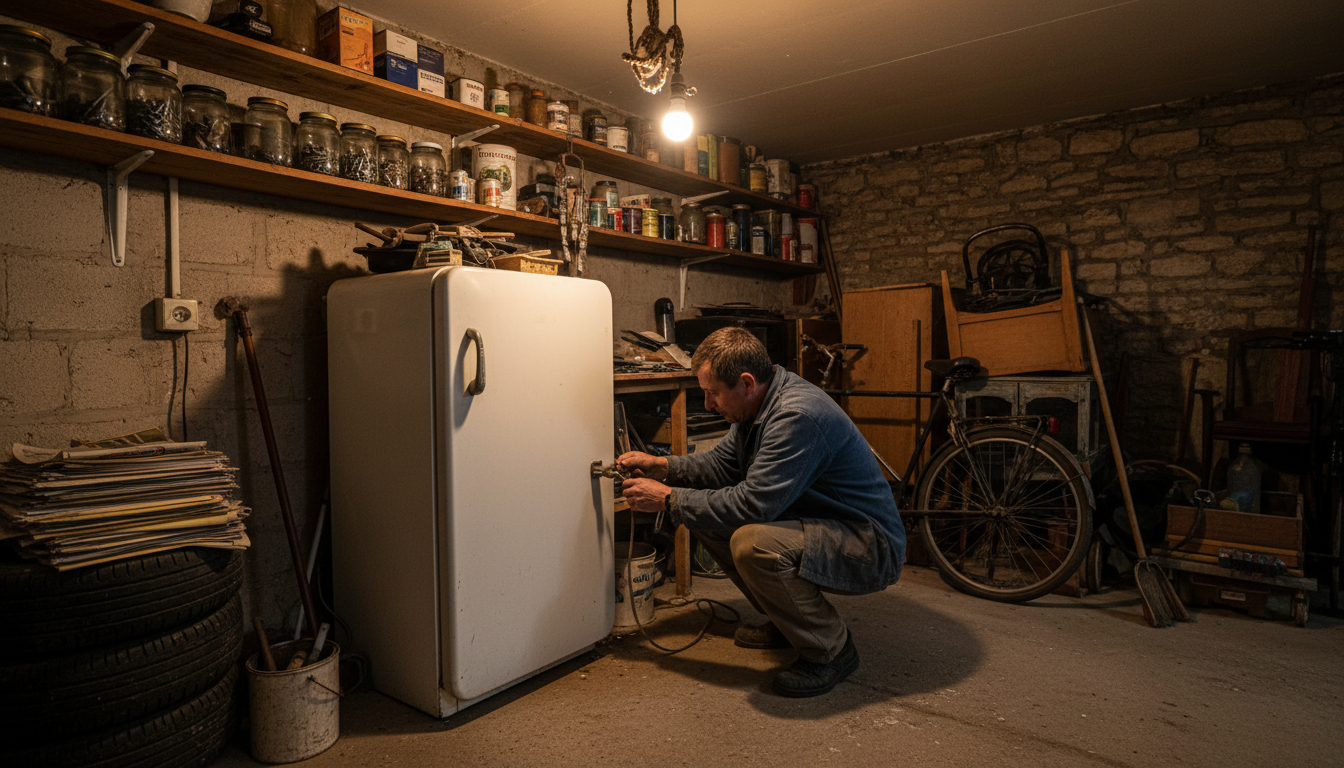 Personne débranchant un vieux réfrigérateur dans un garage
