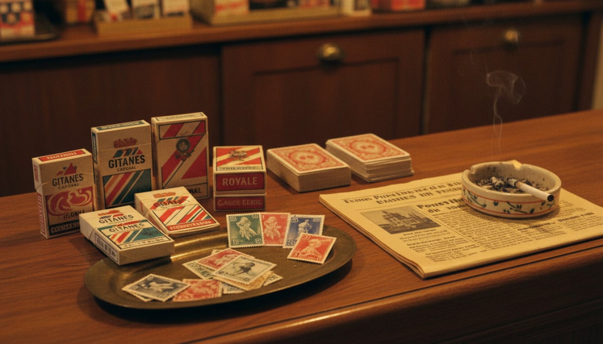 Comptoir de bureau de tabac vintage avec paquets de cigarettes colorés