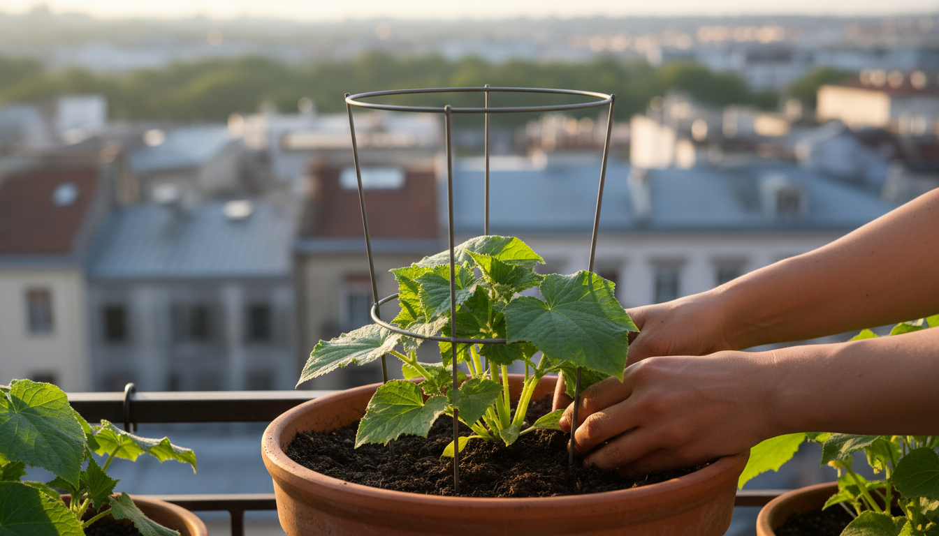 Plantation d'un concombre buissonnant en pot sur un balcon