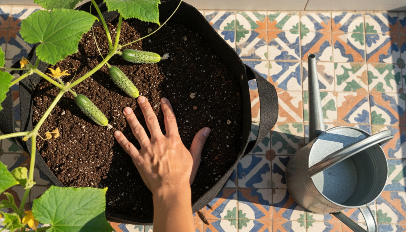 Test d'humidité du substrat avec le doigt dans un pot de concombre