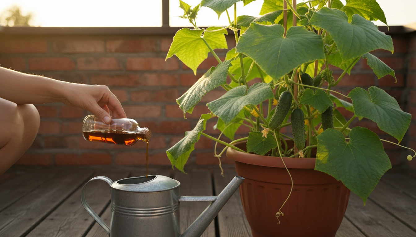 Engrais liquide versé pour nourrir des concombres en pot sur balcon