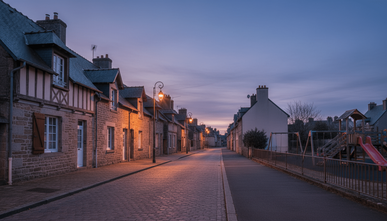 Rue résidentielle calme à Rennes au crépuscule