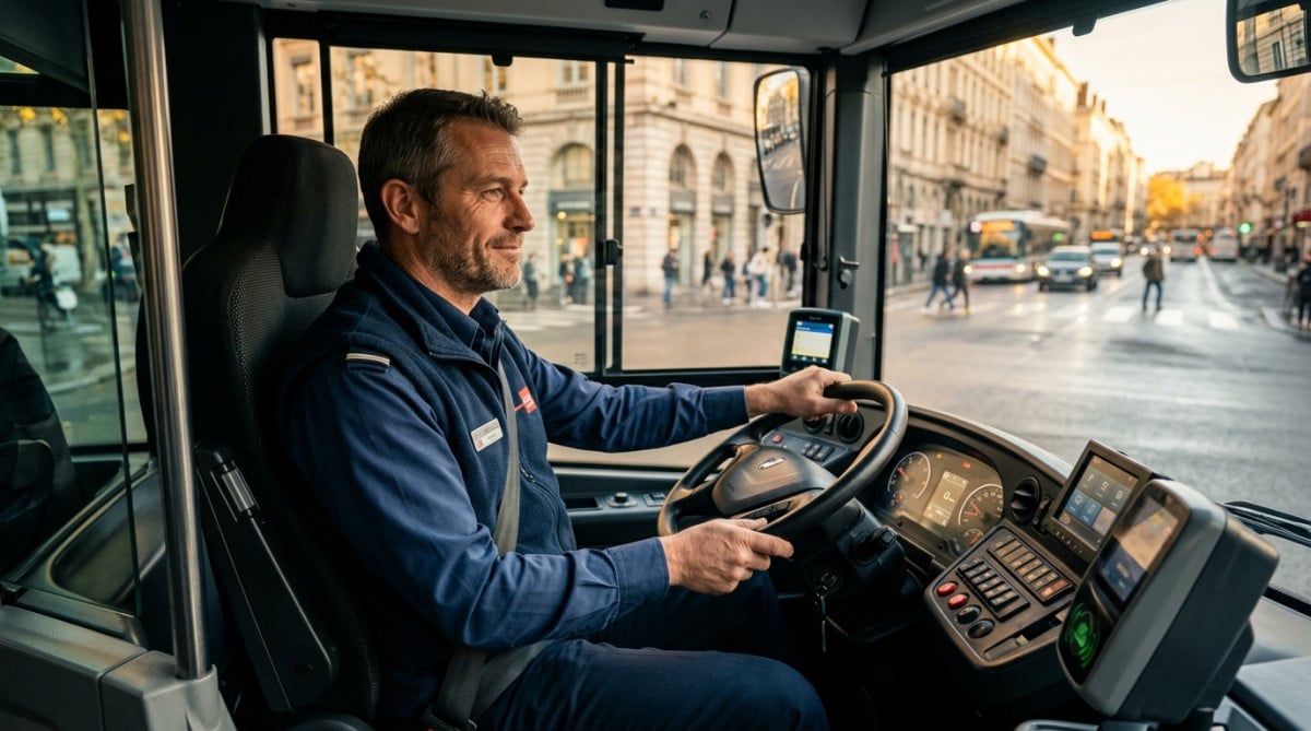 Conducteur de bus au volant dans les rues de Lyon