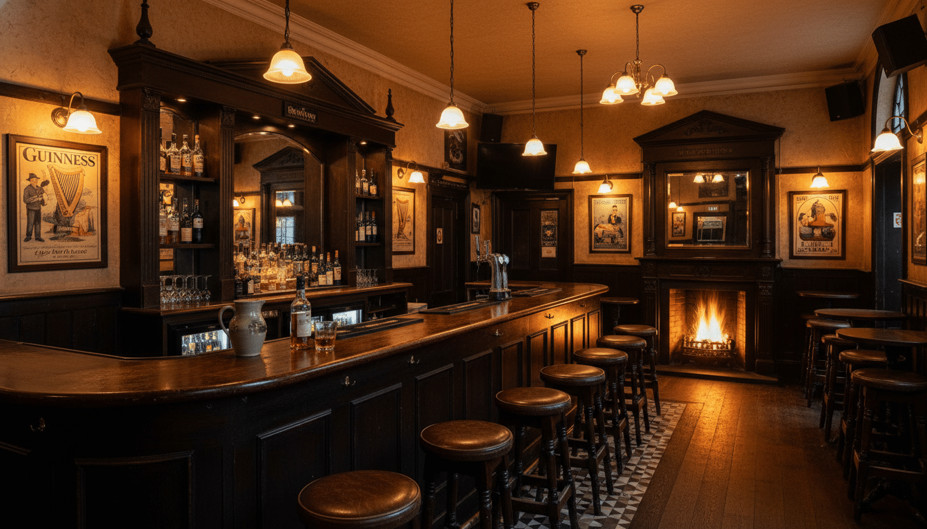 Intérieur d'un pub irlandais traditionnel à Dublin avec comptoir en bois et éclairage chaleureux