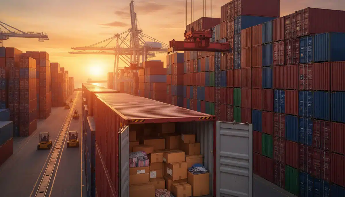 Conteneurs de transport maritime remplis de vêtements