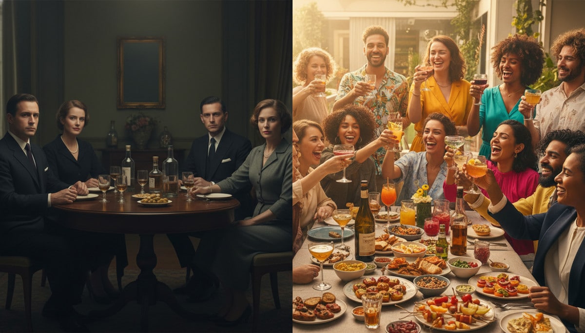 Contraste visuel entre apéro français traditionnel et actuel.