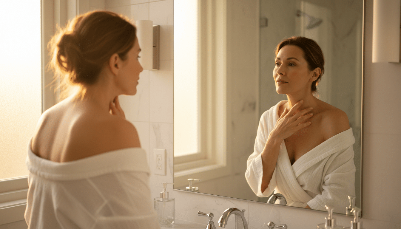 Femme observant les rides de son cou dans un miroir