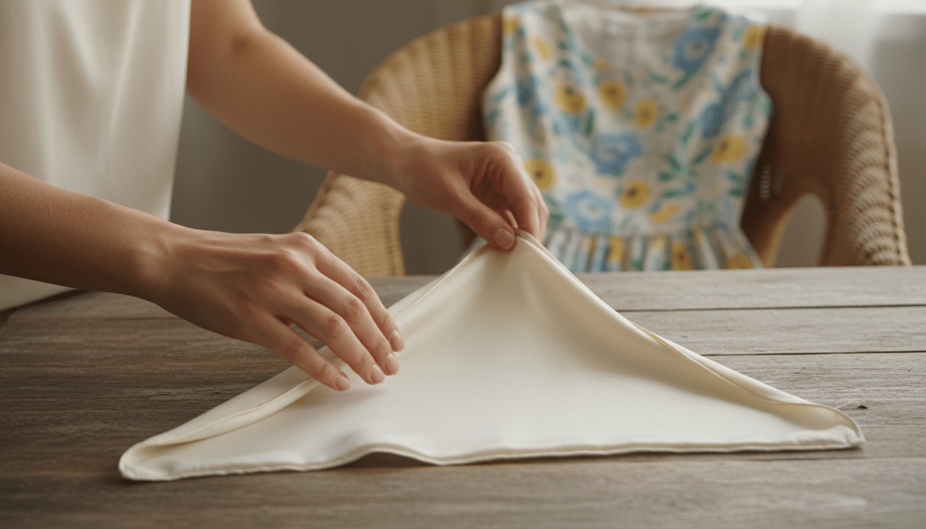 Pliage d'un carré de soie en triangle sur une table