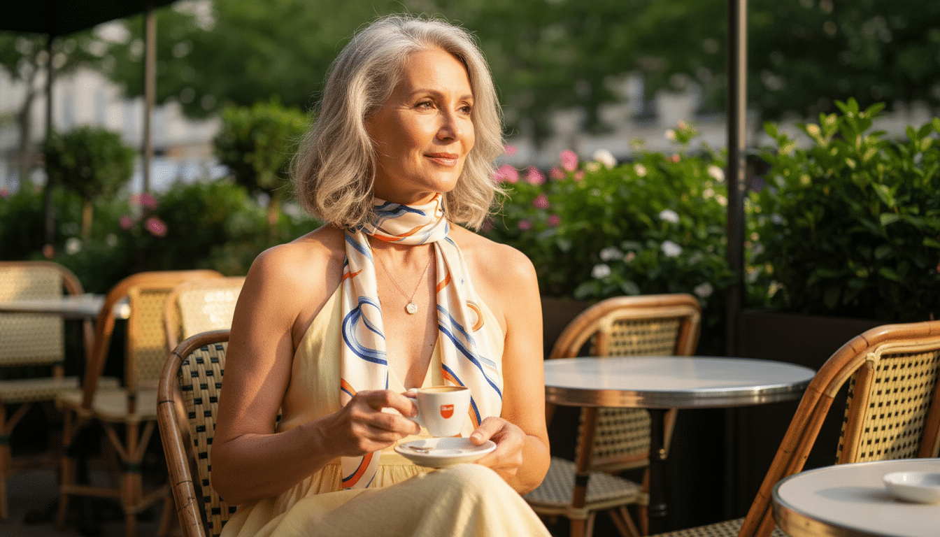 Femme élégante portant un foulard plastron en terrasse estivale