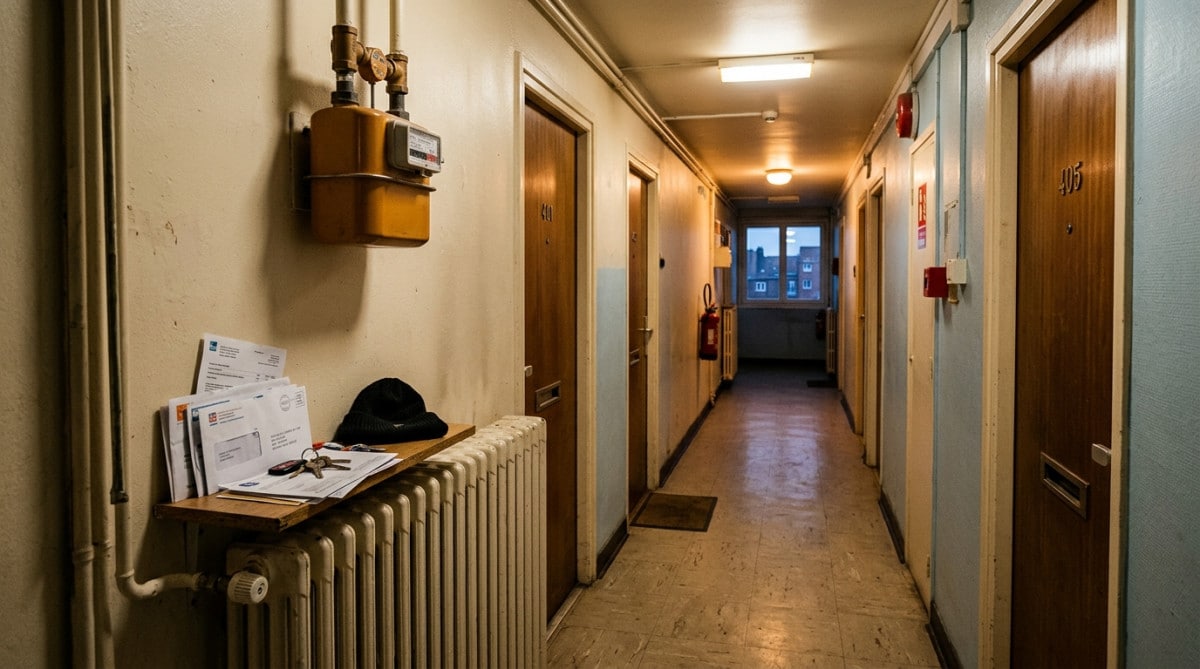 Couloir d'appartement HLM avec factures et compteur de chauffage