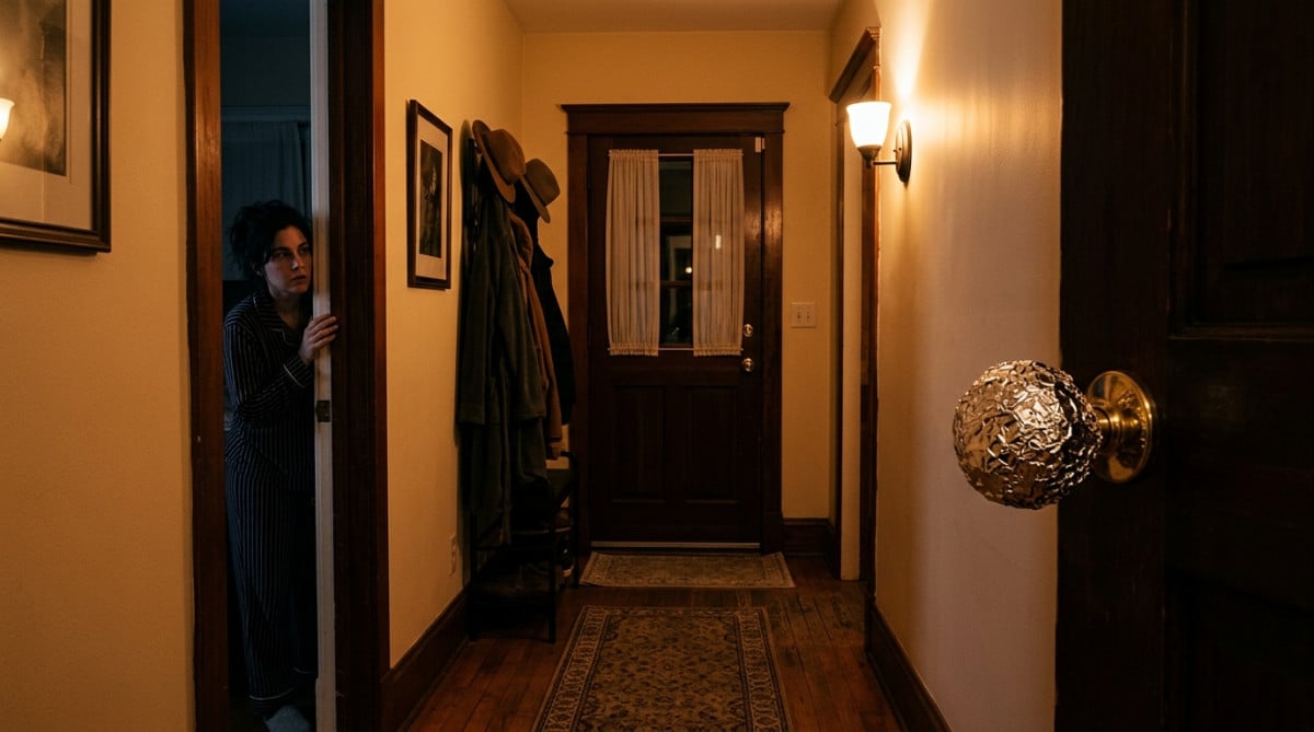 Couloir de nuit avec papier aluminium sur la poignée d'entrée