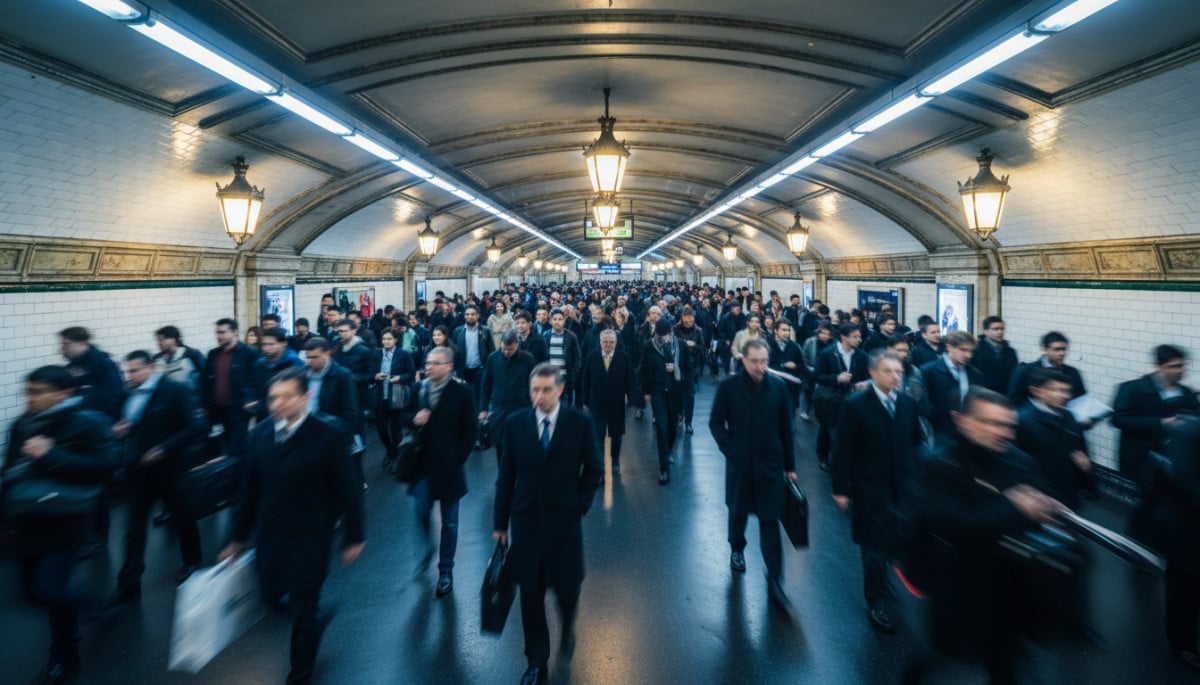 Couloir du métro parisien bondé à l'heure de pointe