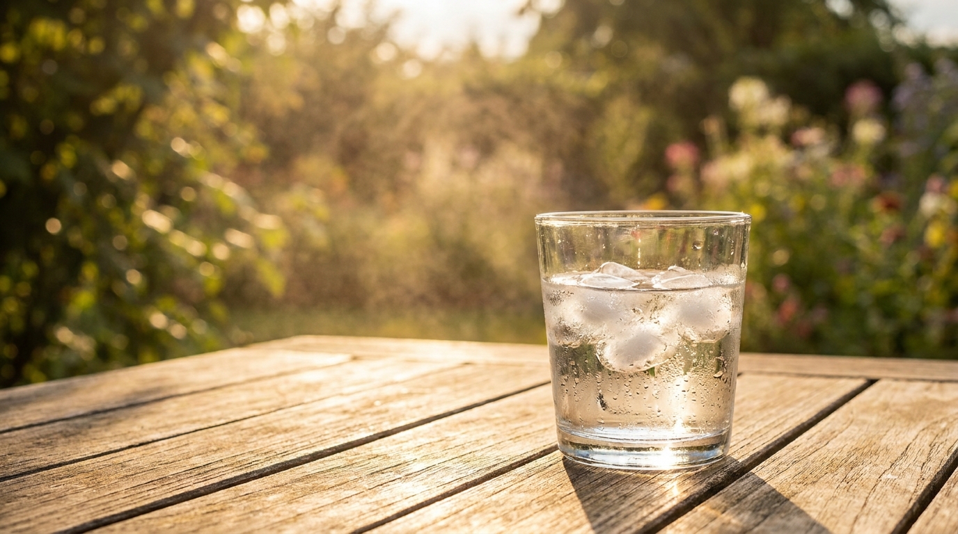 Verre d'eau glacée sur une table en plein soleil