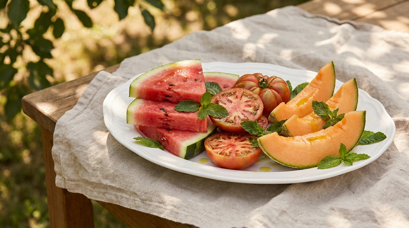 Assiette de pastèque, tomate et melon en extérieur