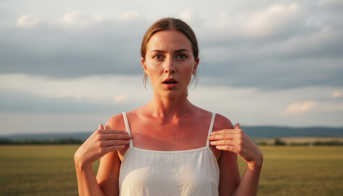 Coup de soleil par temps couvert, femme surprise
