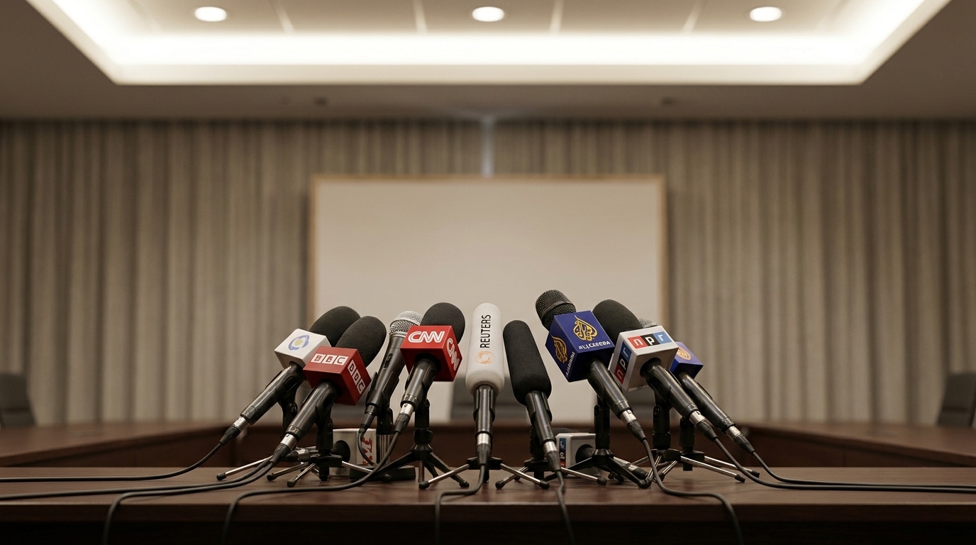 Micros de conférence de presse sur une table vide