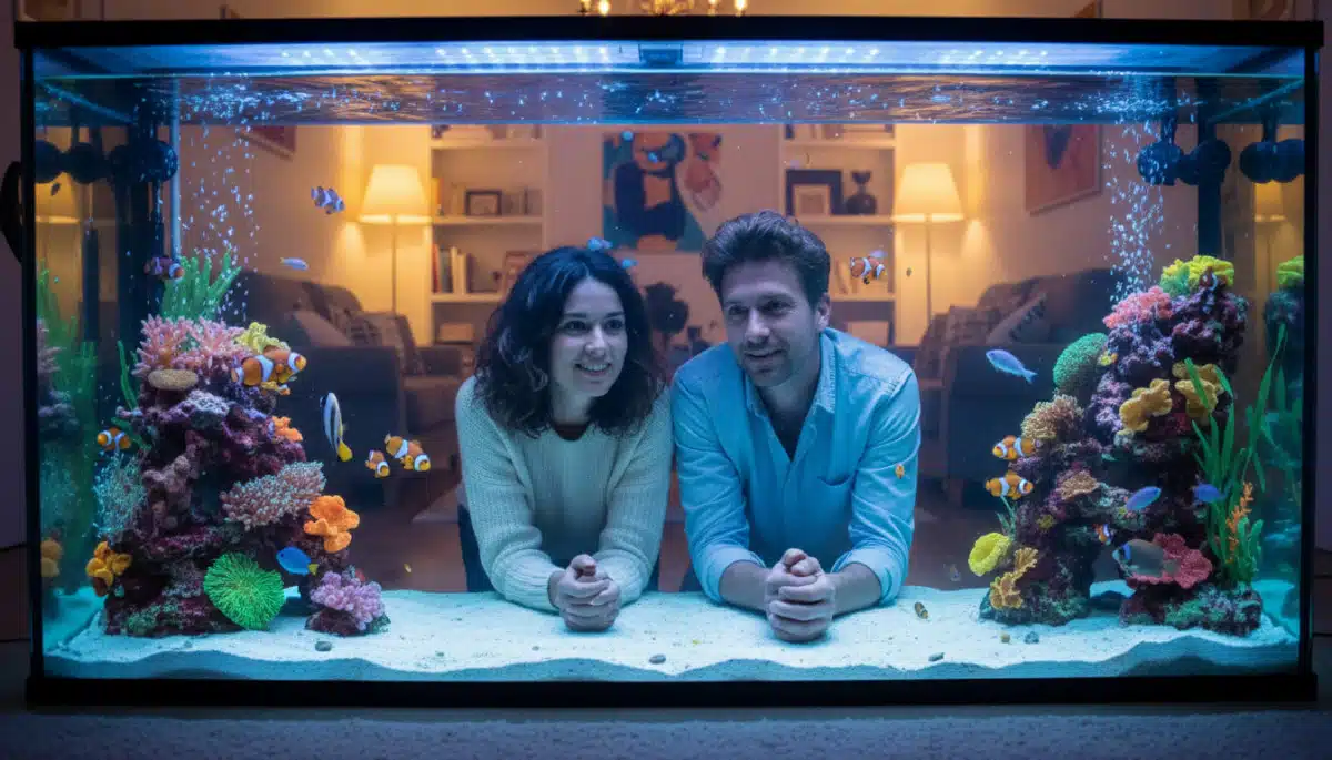 Couple admirant un aquarium coloré dans leur appartement