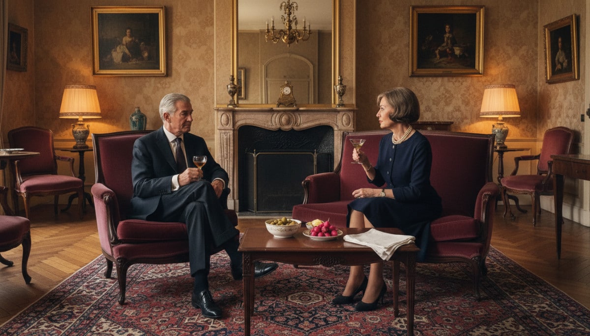 Couple âgé lors d'un apéro formel années 60.