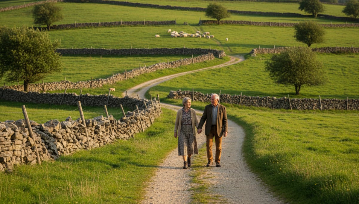 Couple âgé se promenant dans la campagne aveyronnaise