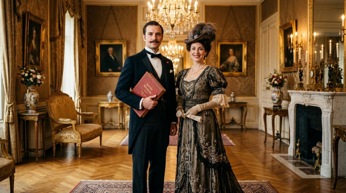 Couple aristocratique consultant le Bottin mondain vers 1903